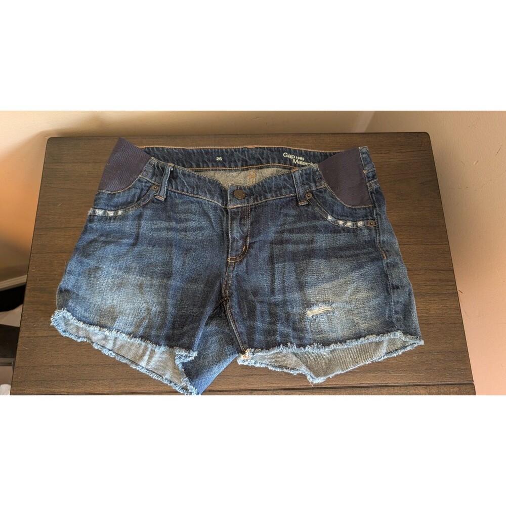 GAP Maternity Denim Shorts Size 26 Dark Indigo Cuffed Frayed Hem Festival Boho